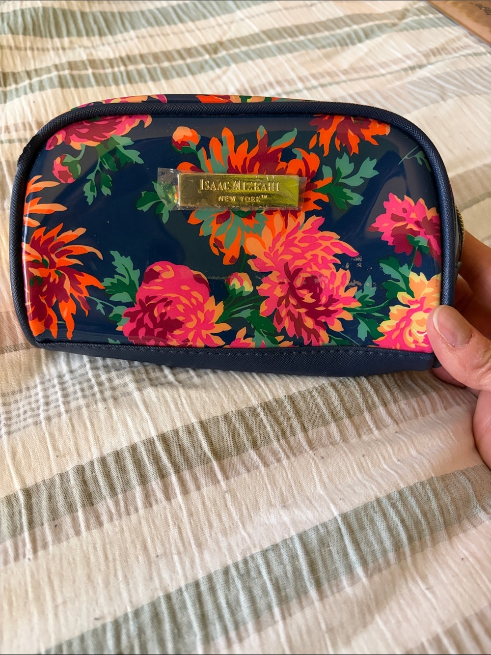 Isaac Mizrahi Navy Floral Vinyl Cosmetic Pouch with Pink & Orange Flowers